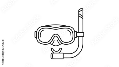 Snorkel mask and tube icon. Line art illustration of diving equipment for underwater exploration and water sports.