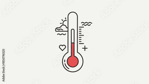 Modern Line Art Thermometer Icon: Temperature Measurement, Weather Forecast, Climate Change, Health, and Hot Day Concept