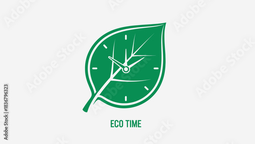 Eco time green leaf clock icon. Sustainable nature conservation symbol for environmental protection, ecology, and climate action.