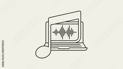 Digital music production on laptop with audio waveform and musical note icon. Online sound streaming, podcasting, recording studio concept.