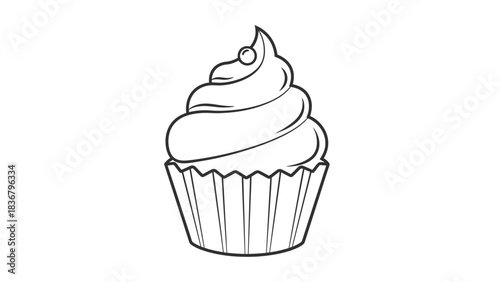 Black and white line art illustration of a cupcake with frosting. Hand-drawn sweet dessert pastry isolated on white.