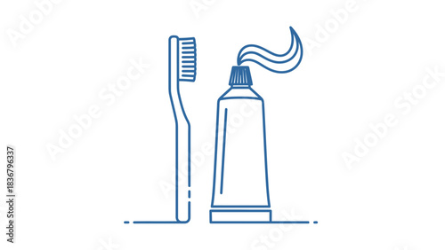 Minimalist blue outline illustration of a toothbrush and toothpaste tube. Dental hygiene, oral care, and morning routine concept.