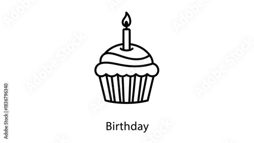 Black line art birthday cupcake icon with a lit candle for celebration, party, and festive designs