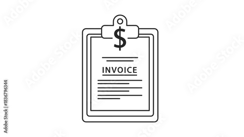 Invoice document on clipboard with dollar sign icon. Financial billing, payment, accounting, expenses, and receipt symbol.
