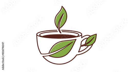 Elegant teacup with vibrant green leaves symbol for organic herbal tea, natural coffee, or healthy beverage branding.