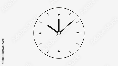 Minimalist Analog Clock Face Illustration, Simple Black and White Time Icon for Scheduling, Deadlines, and Punctuality