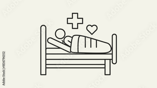 Health and Medical Care Icon: Patient in hospital bed with medical cross and heart symbols, representing recovery, wellness, and care.
