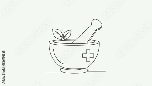 Minimal Line Icon: Mortar and Pestle with Herbal Leaves and Medical Cross for Pharmacy, Natural Health, and Wellness