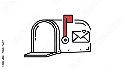 Open Mailbox Line Art Icon with Red Flag and Heart Envelope. Simple Vector Illustration for Communication and Mail Service.