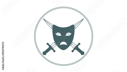 Ancient Greek Tragedy Mask with Crossed Swords Vector Icon. Symbolic Representation for Drama, Theatre, and Performance Art.