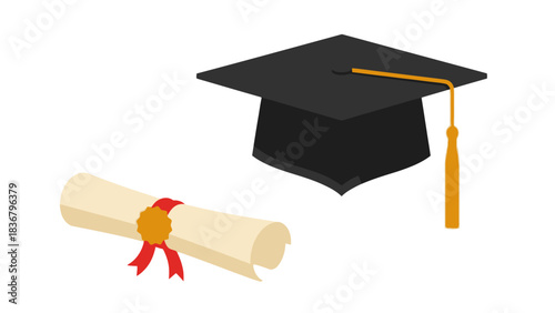 Graduation Cap and Diploma Scroll Vector Illustration. Academic Achievement, University Degree, Education Success Concept on White.