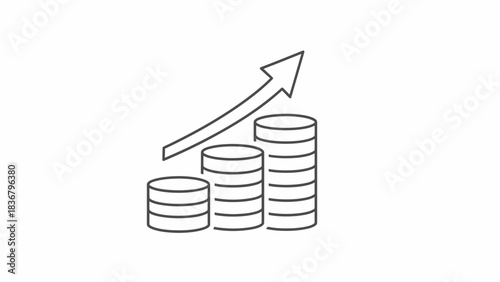 Financial growth concept with stacked coins and upward arrow. Business investment, profit increase, and wealth accumulation symbol.