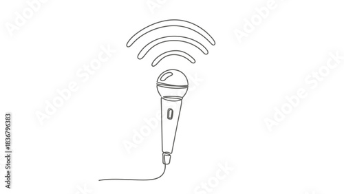Line art drawing of a microphone with sound waves. Minimalist one-line icon for audio, podcast, broadcasting, voice communication, and recording.