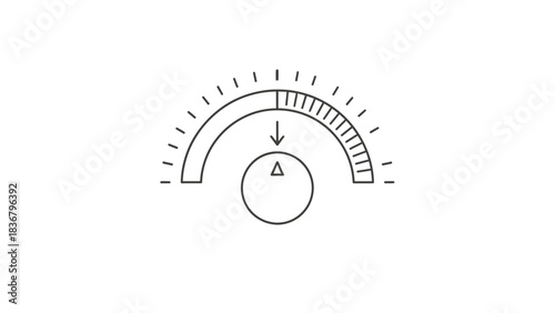 Minimalist line art icon of a control dial or gauge with a pointer indicating a low setting, decrease, or reduction level