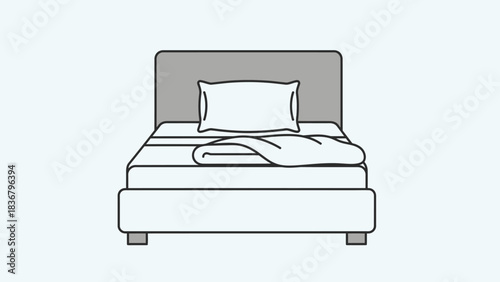 Minimalist black and white outline icon of a comfortable bed with pillow and blanket, representing sleep and bedroom furniture