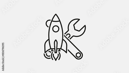 Rocket Launch and Wrench Icon for Startup Development, Engineering, Optimization, and Business Growth Concepts