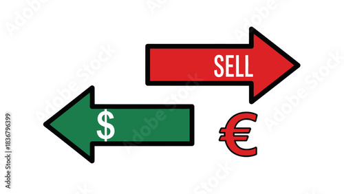 Forex Trading Concept: Dollar and Euro Currency Exchange with Red Sell Arrow and Green Dollar Buy Symbol. Financial Transaction.