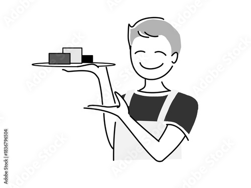 商品の紹介をする男性の店員さんpng