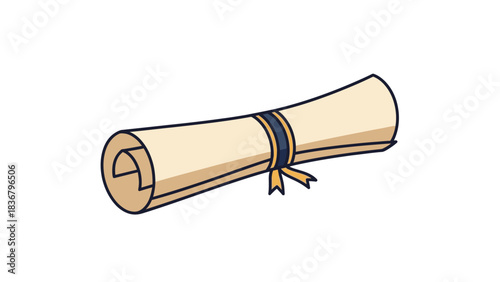 Cartoon vector illustration of a rolled old parchment scroll tied with a dark blue ribbon. Concept for diploma, certificate, ancient document.