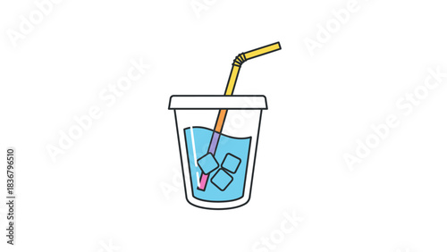 Refreshing cold blue drink in a clear cup with ice cubes and a colorful drinking straw. Simple vector graphic illustration icon.