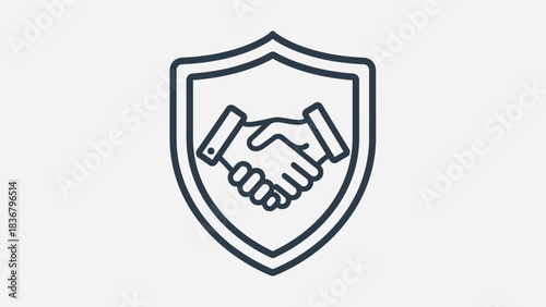 Secure business agreement icon. Handshake inside a shield symbol of trust, partnership, protection, deal integrity, and collaboration.