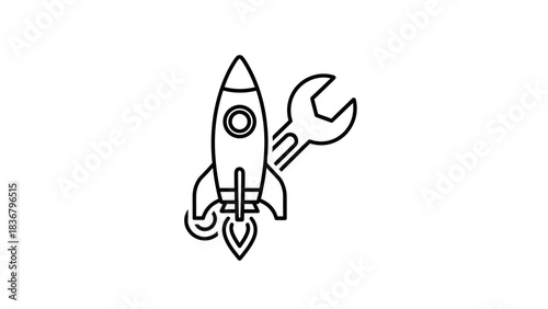 Line art icon of a launching rocket and a wrench, symbolizing startup development, engineering, optimization, and technology.