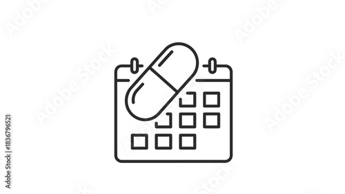 Pill on Calendar Line Icon. Medication Schedule, Daily Dosage Reminder, Drug Prescription, Healthcare Appointment, Medical Timeline Symbol.