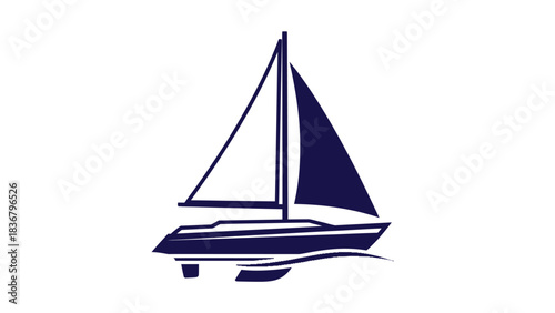 Elegant stylized sailboat icon with full sails gliding on water, vector graphic illustration in navy blue and white