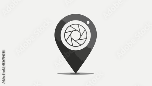 Minimalist grey map pin with camera aperture icon for photography location, travel, media, or geotagging concepts