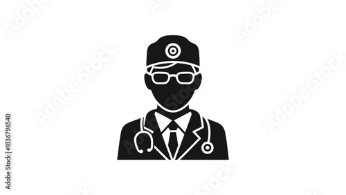 Generic black silhouette icon of a male doctor or surgeon wearing a stethoscope, glasses, and surgical cap for medical concepts.