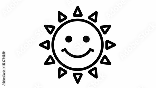 Smiling sun icon with a cheerful happy face, black and white line art illustration representing warmth, summer, and positive energy.