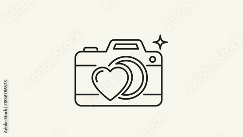 Photography camera with heart icon. Creative hobby, passion for pictures, linear illustration for photography or photo studio logo.