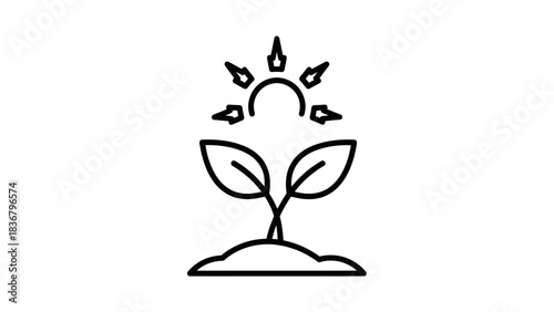 Outline Icon of Plant Growth with Sun and Seedling in Soil, Symbolizing Nature, Ecology, Agriculture, and Sustainable Energy