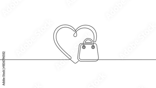 Minimalist continuous line art of a heart and a shopping bag, symbolizing love for retail, e-commerce, and consumerism.