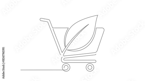 Sustainable shopping concept with a continuous line art icon of a cart containing a leaf. Eco-friendly commerce and natural product choice.