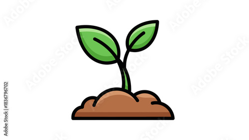 Cute cartoon seedling icon in soil. Young green plant growing, symbolizing new life, growth, nature, and organic beginnings.