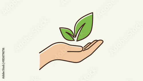 Gentle Hand Holding Green Leaves Icon. Environmental Protection, Nature Care, Growth, Sustainability, and Eco-Friendly Concept Art.