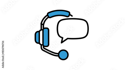 Customer support headset icon with speech bubble. Online communication, call center service, tech assistance symbol.