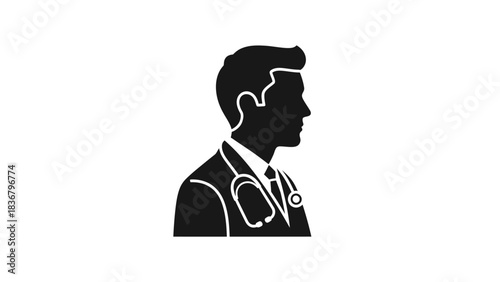Male doctor profile silhouette icon with stethoscope. Professional healthcare worker, physician, medical staff symbol. Black and white graphic.