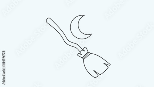 Flying Witch Broomstick and Crescent Moon Icon. Simple Spooky Halloween Magic Line Art Vector Illustration