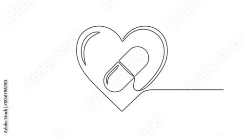 Continuous Line Drawing of Heart and Capsule Pill for Medical Care, Cardiovascular Health, Medication, and Treatment Concept