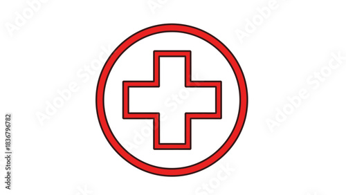 Red Medical Cross in Circle Icon. First Aid, Health Care, Emergency Symbol. Plus Sign, Wellness, Hospital Vector Graphic.