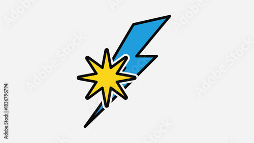 Dynamic blue lightning bolt with bright yellow starburst spark icon. Energy, speed, power, electricity symbol illustration.
