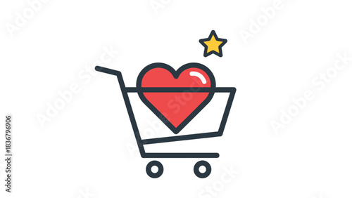 Online shopping cart icon with red heart and star, symbolizing favorite items, wish list, customer loyalty, and product rating.