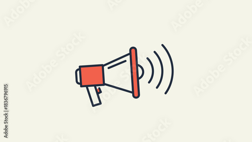Modern outline megaphone icon with red accents and sound waves, symbolizing public announcement, marketing, promotion, broadcast, and communication