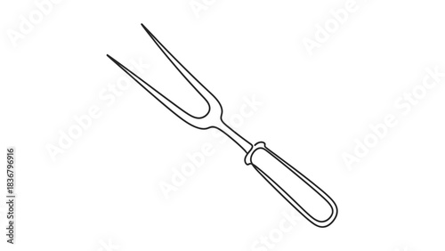 Simple black and white line art illustration of a carving fork, a two-pronged kitchen utensil used for holding meat while cutting. Cooking tool icon.