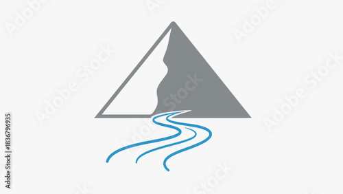 Stylized mountain peak icon with a winding blue river, abstract nature landscape graphic, adventure and outdoor symbol