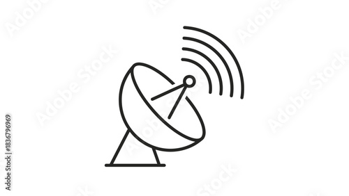 Simple line art icon of a satellite dish transmitting a signal, representing global communication, broadcast, and wireless technology.