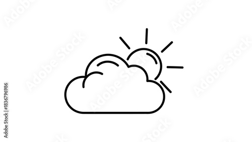 Vector outline icon of sun peeking behind a cloud, symbolizing partly cloudy weather, sunny intervals, and good forecast.