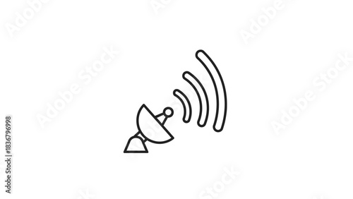 Black outline satellite dish icon broadcasting signal waves, symbolizing wireless communication, network, internet, and data transmission technology.